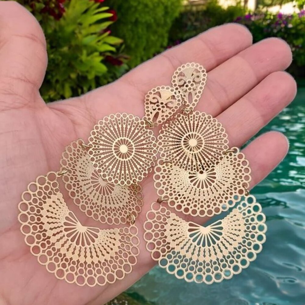 MOROCCO Gold Filigree Disc Earrings Long Boho Statement Festival Dangle Discs - Picture 2 of 9